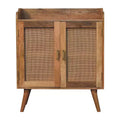 HomeRoots 35 Brown Distressed Solid Wood Inlaid Rattan Accent Cabinet With Two Doors