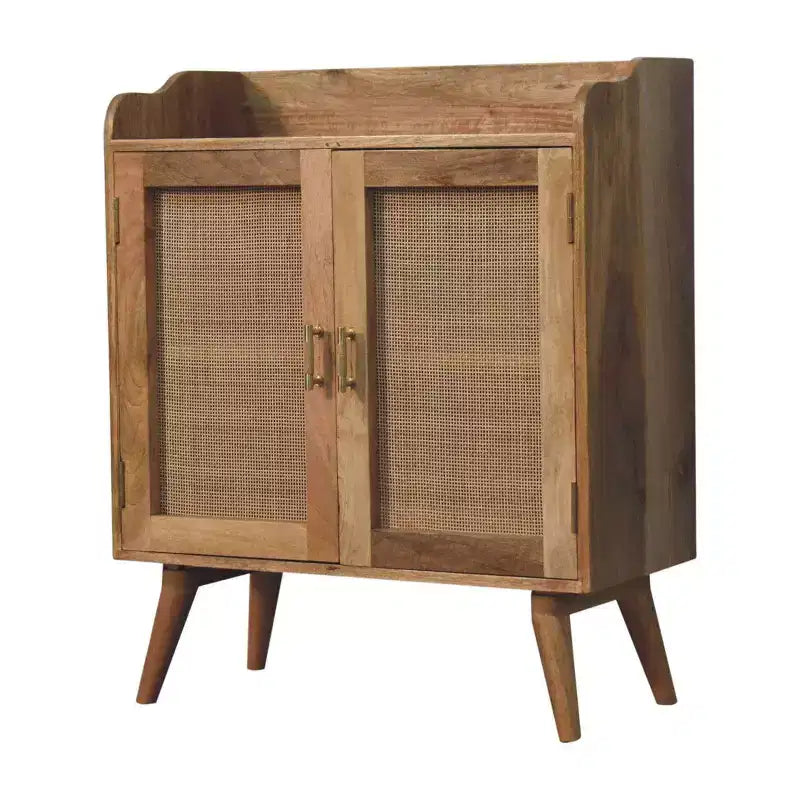 HomeRoots 35 Armadietto ad accento in legno massiccio marrone invecchiato intarsiato in rattan con due ante