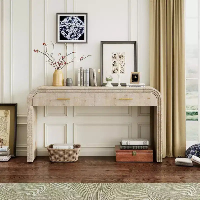 Okak Curved Console Table with Thick Tabletop, Entry Table with 2 Top Drawers and Metal Handle, Accent Table for Dining Room, Living Room