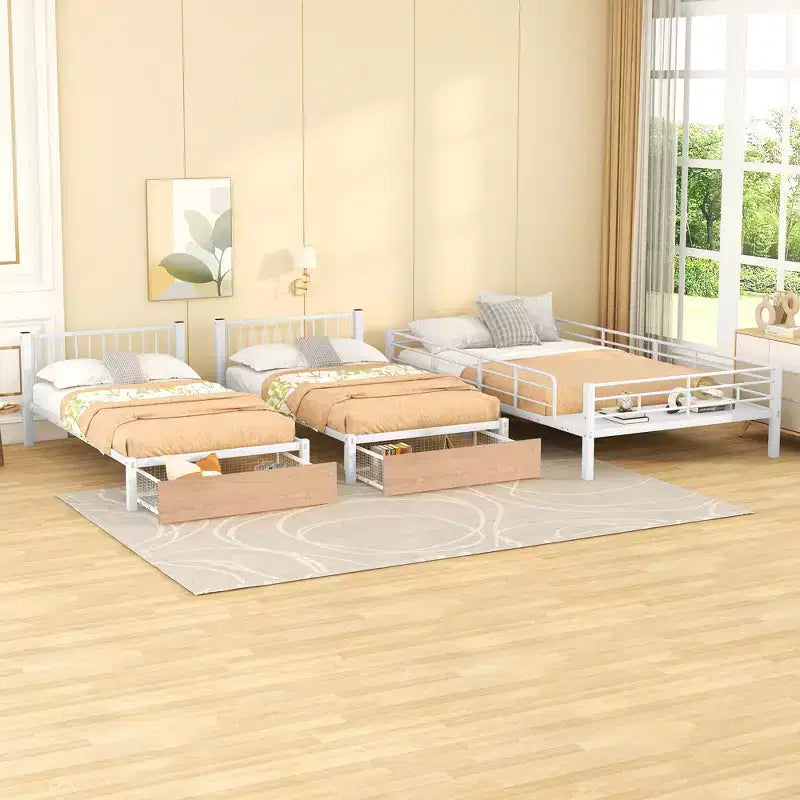 Struttura per letto a castello per 3 bambini, a due piani, con letti singoli sopra e sotto, a forma di L, in metallo, con cassetti e sponde di protezione