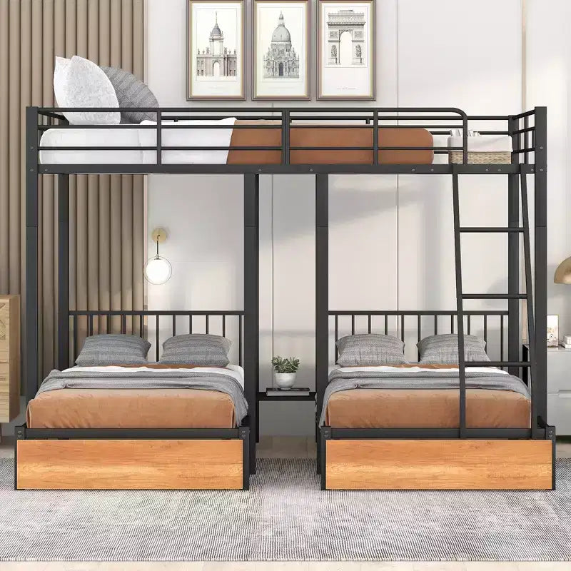 Struttura per letto a castello per 3 bambini, a due piani, con letti singoli sopra e sotto, a forma di L, in metallo, con cassetti e sponde di protezione