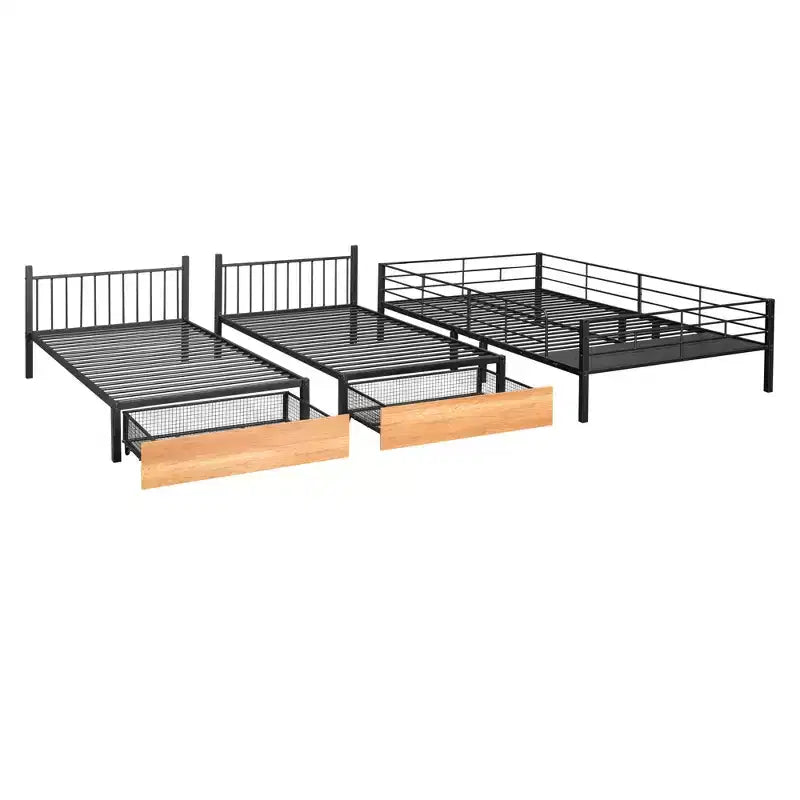 Struttura per letto a castello per 3 bambini, a due piani, con letti singoli sopra e sotto, a forma di L, in metallo, con cassetti e sponde di protezione