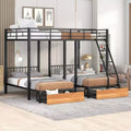 Full over Twin & Twin Bunk Bed Frame for 3 Kids, L Shaped Metal Triple Bunk Bed with Drawers and Guardrails
