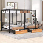 Full over Twin & Twin Bunk Bed Frame for 3 Kids, L Shaped Metal Triple Bunk Bed with Drawers and Guardrails