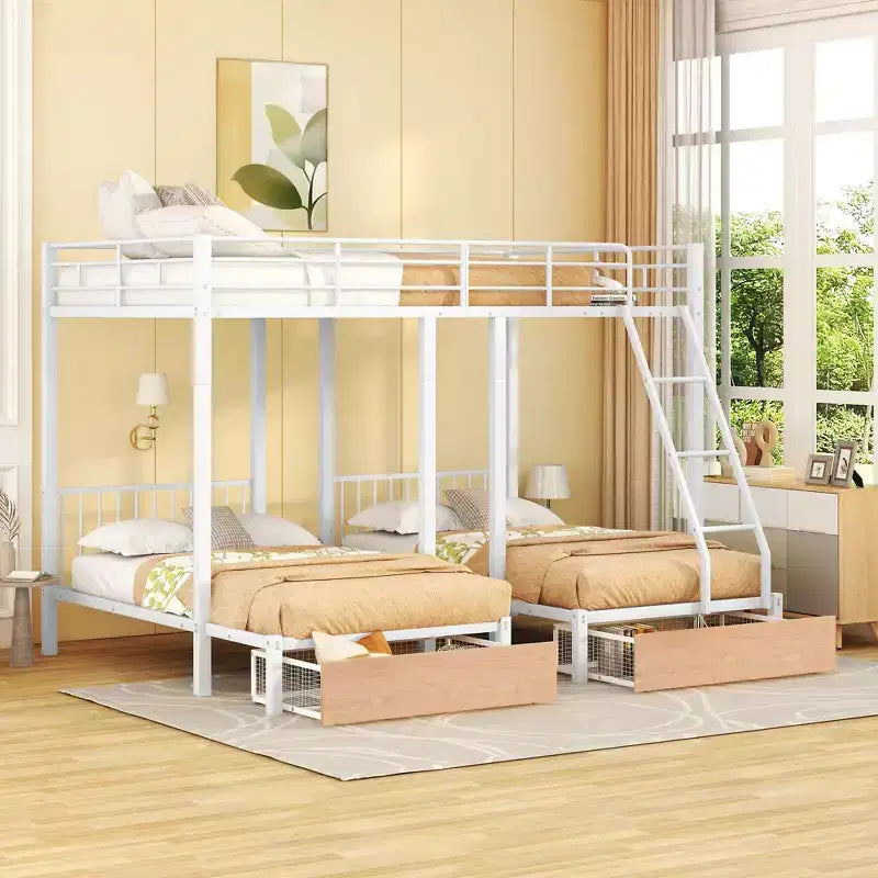 Struttura per letto a castello per 3 bambini, a due piani, con letti singoli sopra e sotto, a forma di L, in metallo, con cassetti e sponde di protezione