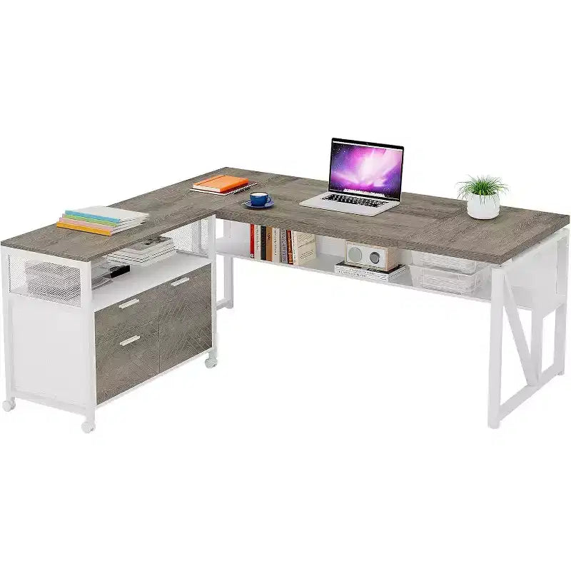 Scrivania a L Lantine con cassetti, scrivania direzionale per computer da 63 pollici e schedario laterale, set di 2 mobili per ufficio domestico
