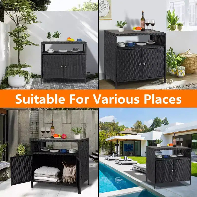 Mobiletto portaoggetti GustoWave in vimini per patio, mobiletto buffet da esterno impermeabile, tavolo da bar per patio con due ante e ripiani, credenza in vimini