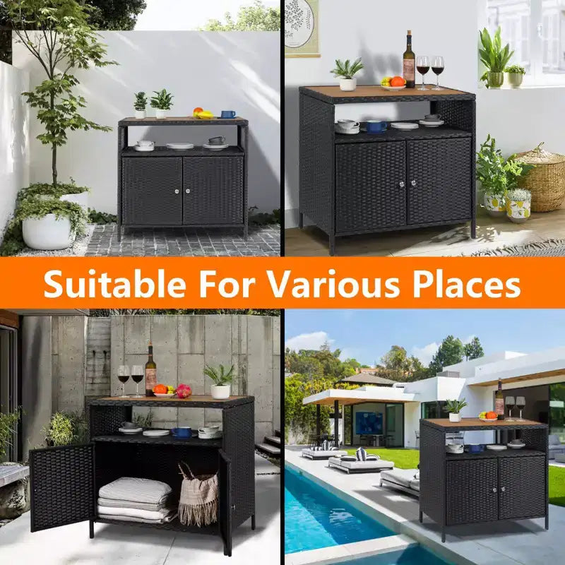 Mobiletto portaoggetti GustoWave in vimini per patio, mobiletto buffet da esterno impermeabile, tavolo da bar per patio con due ante e ripiani, credenza in vimini