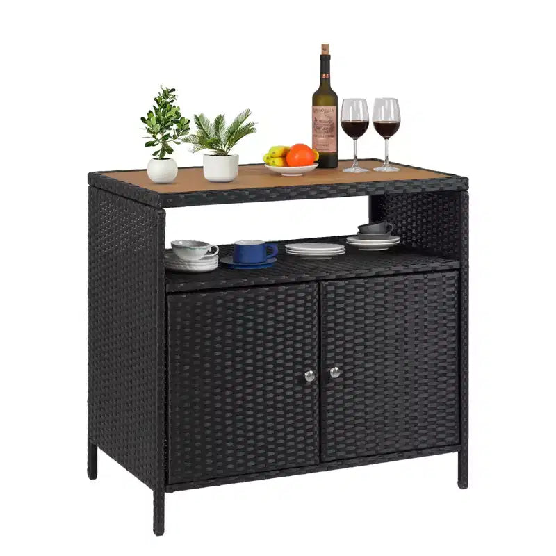 GustoWave Patio Wicker Storage Cabinet, Outdoor Waterproof Buffet Cabinet Patio Bar Table with Two Doors and Shelves, Wicker Sideboard