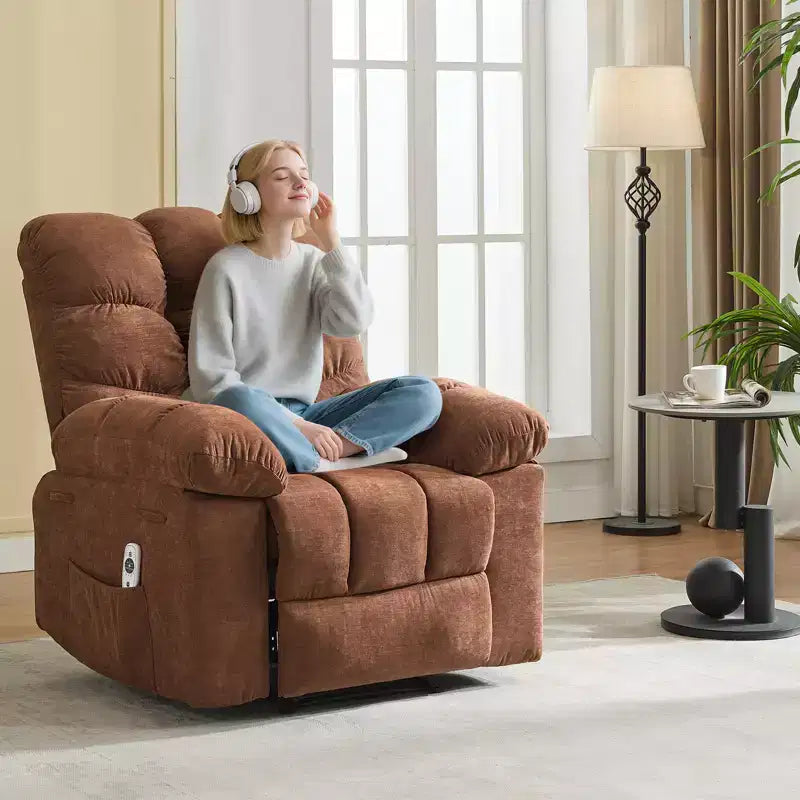 Poggiapiedi reclinabile pigro per famiglia con dondolo largo, tessuto traspirante, funzione massaggio e riscaldamento, 2 tasche laterali, perfetto per soggiorno e camera da letto