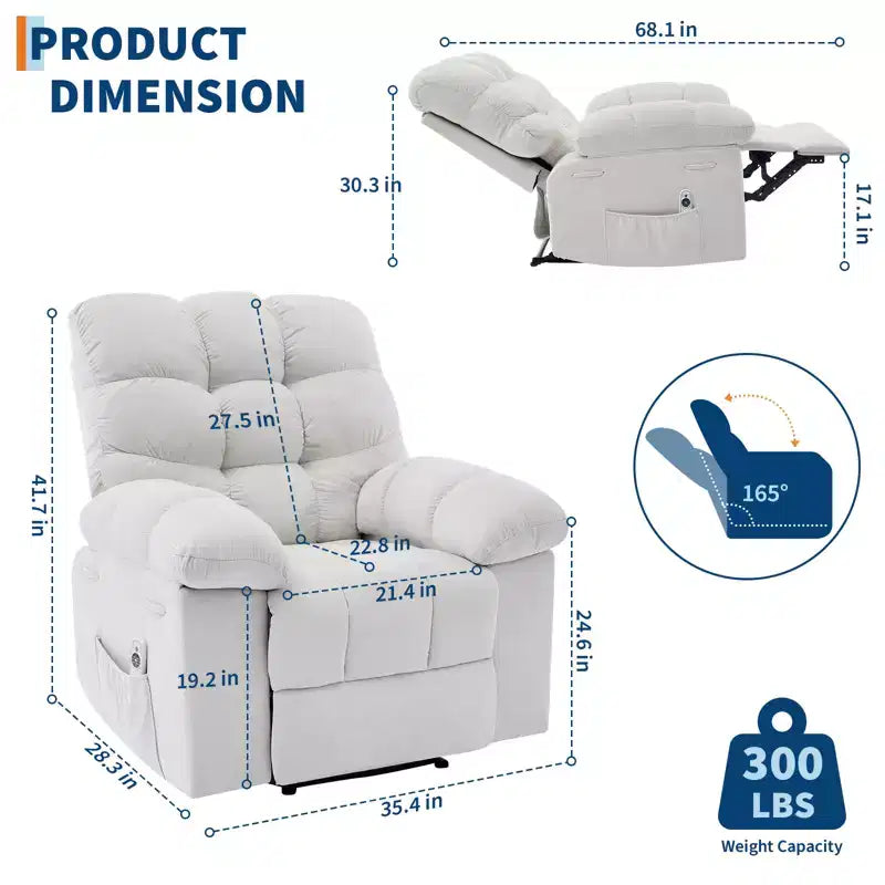 Poggiapiedi reclinabile pigro per famiglia con dondolo largo, tessuto traspirante, funzione massaggio e riscaldamento, 2 tasche laterali, perfetto per soggiorno e camera da letto