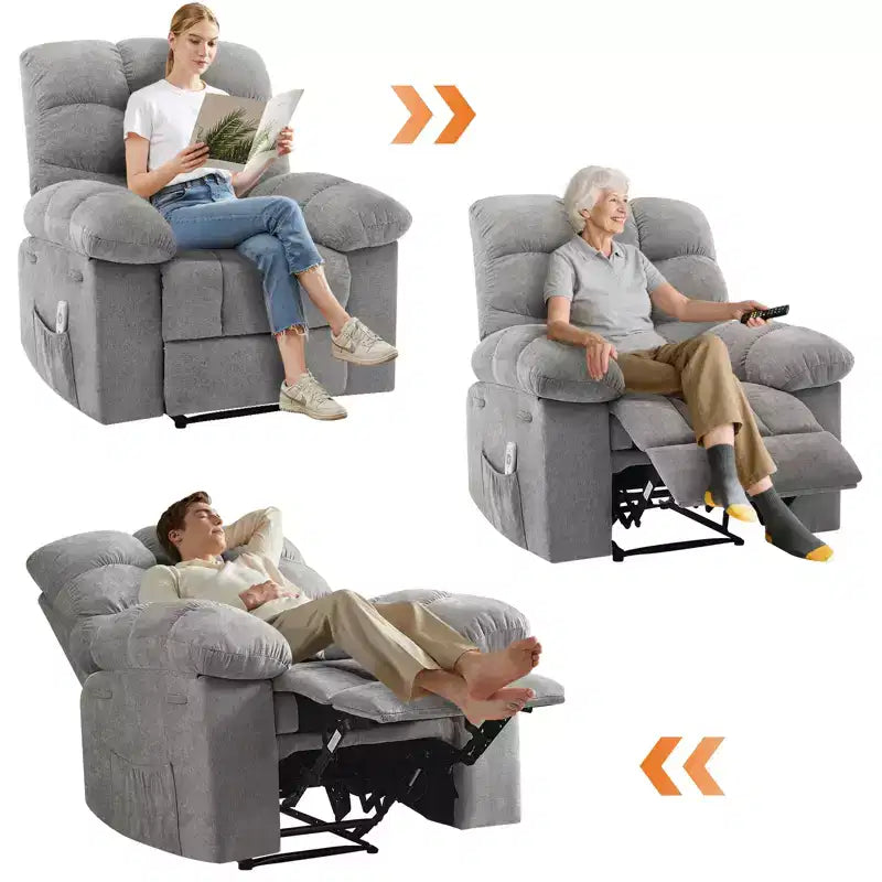 Poggiapiedi reclinabile pigro per famiglia con dondolo largo, tessuto traspirante, funzione massaggio e riscaldamento, 2 tasche laterali, perfetto per soggiorno e camera da letto