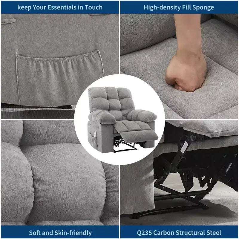 Poggiapiedi reclinabile pigro per famiglia con dondolo largo, tessuto traspirante, funzione massaggio e riscaldamento, 2 tasche laterali, perfetto per soggiorno e camera da letto