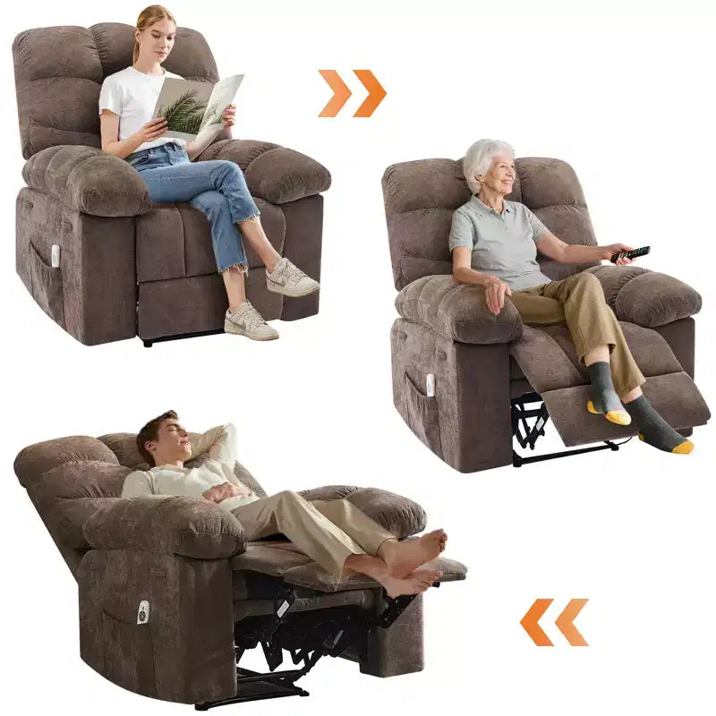Poggiapiedi reclinabile pigro per famiglia con dondolo largo, tessuto traspirante, funzione massaggio e riscaldamento, 2 tasche laterali, perfetto per soggiorno e camera da letto