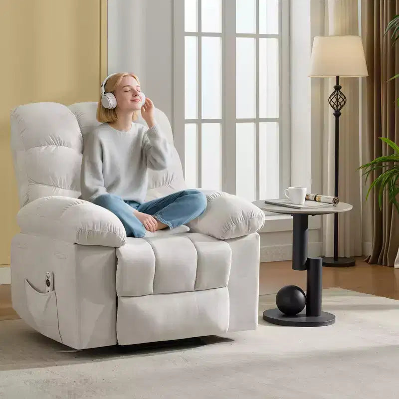 Poggiapiedi reclinabile pigro per famiglia con dondolo largo, tessuto traspirante, funzione massaggio e riscaldamento, 2 tasche laterali, perfetto per soggiorno e camera da letto