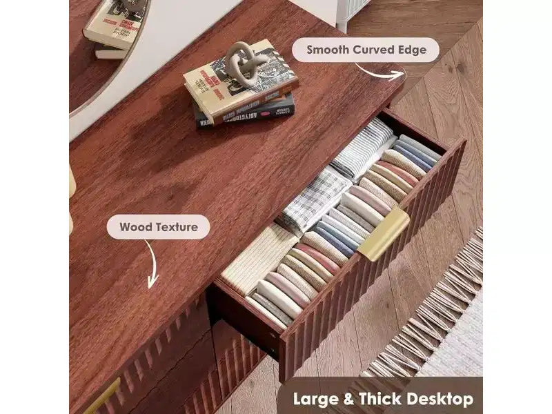 Comò a 6 cassetti con scanalature, cassettiera moderna larga 120 cm con maniglie in metallo, comò con profilo curvo, mobile porta TV, organizer per cassetti in legno per camera da letto
