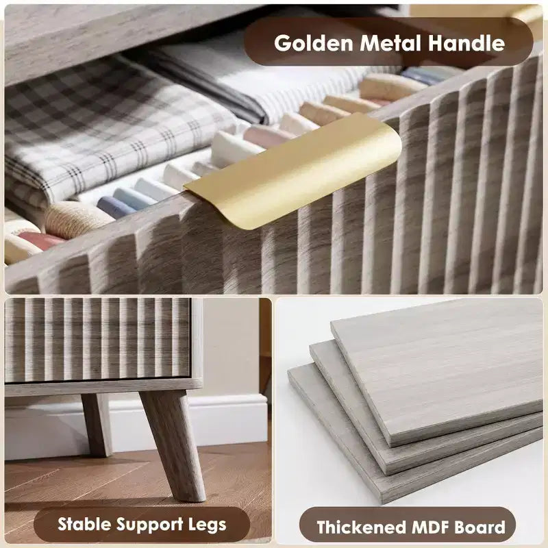 Comò a 6 cassetti con scanalature, cassettiera moderna larga 120 cm con maniglie in metallo, comò con profilo curvo, mobile porta TV, organizer per cassetti in legno per camera da letto