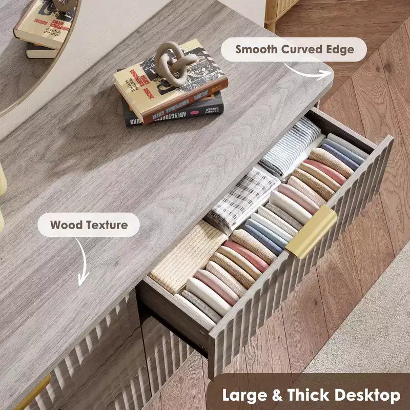 Comò a 6 cassetti con scanalature, cassettiera moderna larga 120 cm con maniglie in metallo, comò con profilo curvo, mobile porta TV, organizer per cassetti in legno per camera da letto
