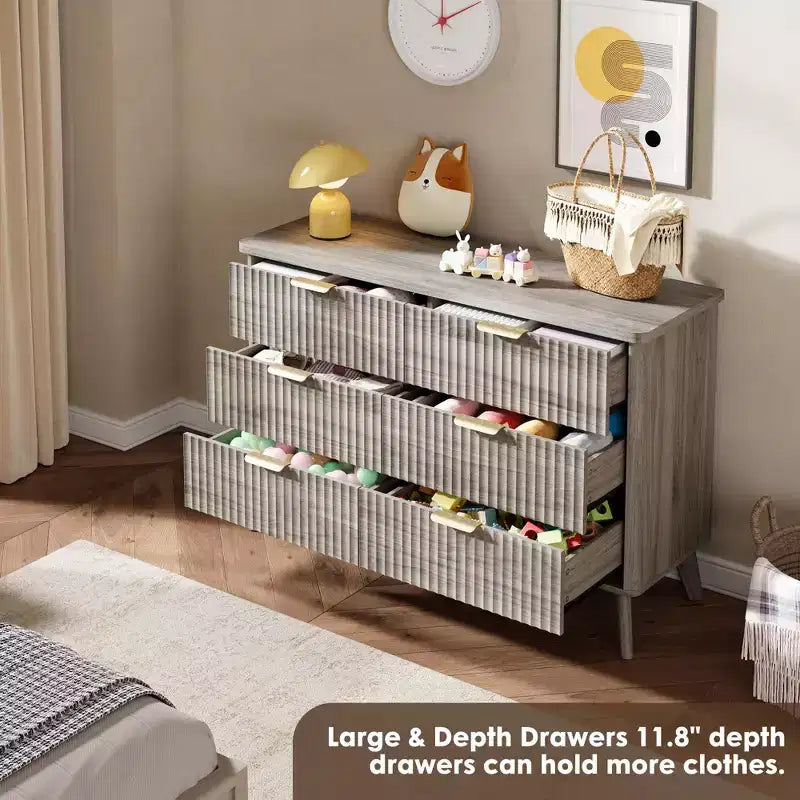 Comò a 6 cassetti con scanalature, cassettiera moderna larga 120 cm con maniglie in metallo, comò con profilo curvo, mobile porta TV, organizer per cassetti in legno per camera da letto