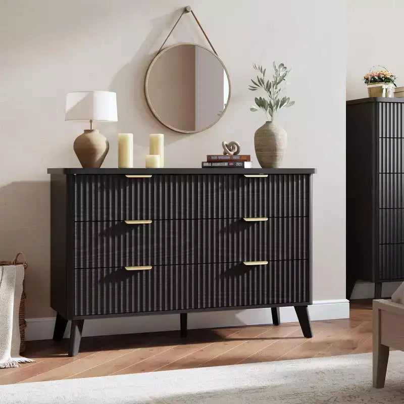 Comò a 6 cassetti con scanalature, cassettiera moderna larga 120 cm con maniglie in metallo, comò con profilo curvo, mobile porta TV, organizer per cassetti in legno per camera da letto