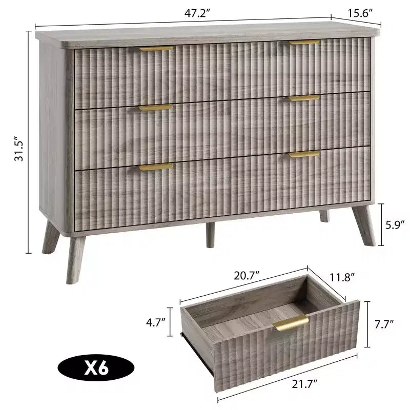 Comò a 6 cassetti con scanalature, cassettiera moderna larga 120 cm con maniglie in metallo, comò con profilo curvo, mobile porta TV, organizer per cassetti in legno per camera da letto