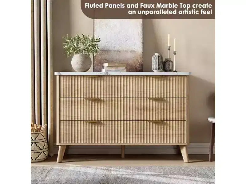 Comò a 6 cassetti con scanalature, cassettiera moderna larga 120 cm con maniglie in metallo, comò con profilo curvo, mobile porta TV, organizer per cassetti in legno per camera da letto