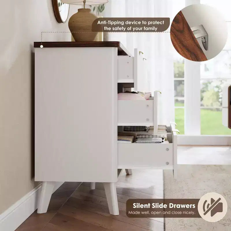 Comò a 6 cassetti con scanalature, cassettiera moderna larga 120 cm con maniglie in metallo, comò con profilo curvo, mobile porta TV, organizer per cassetti in legno per camera da letto