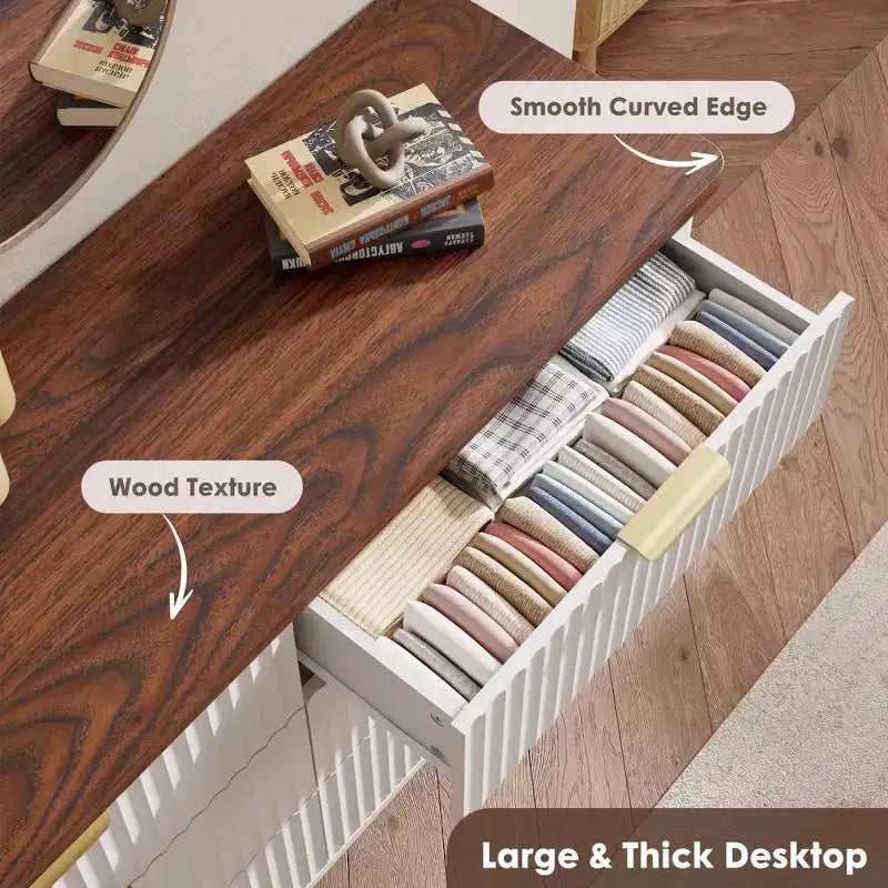Comò a 6 cassetti con scanalature, cassettiera moderna larga 120 cm con maniglie in metallo, comò con profilo curvo, mobile porta TV, organizer per cassetti in legno per camera da letto