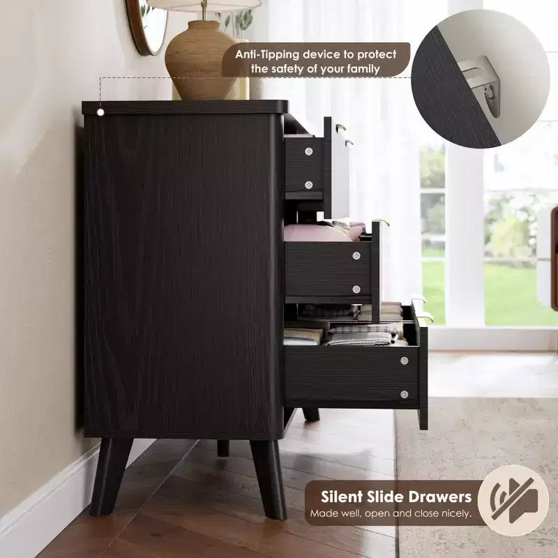 Comò a 6 cassetti con scanalature, cassettiera moderna larga 120 cm con maniglie in metallo, comò con profilo curvo, mobile porta TV, organizer per cassetti in legno per camera da letto