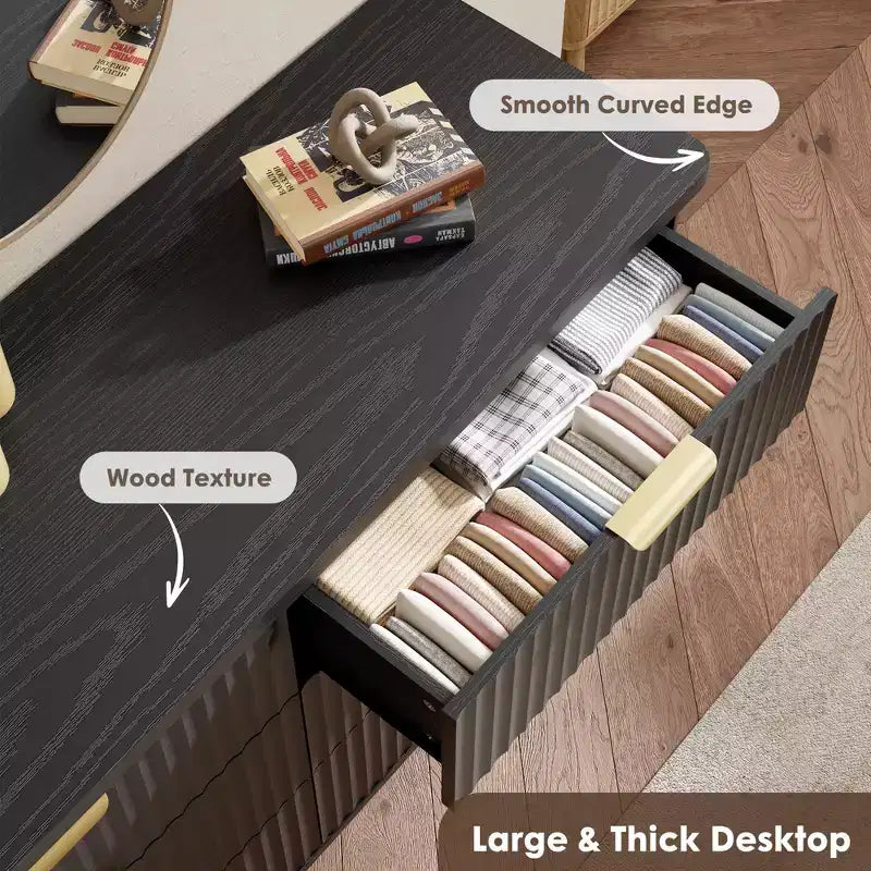 Comò a 6 cassetti con scanalature, cassettiera moderna larga 120 cm con maniglie in metallo, comò con profilo curvo, mobile porta TV, organizer per cassetti in legno per camera da letto