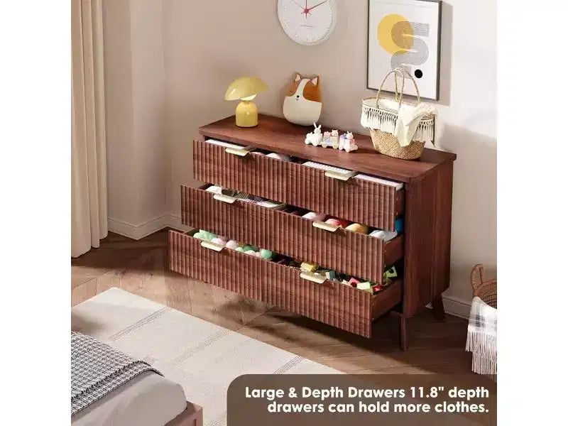 Comò a 6 cassetti con scanalature, cassettiera moderna larga 120 cm con maniglie in metallo, comò con profilo curvo, mobile porta TV, organizer per cassetti in legno per camera da letto
