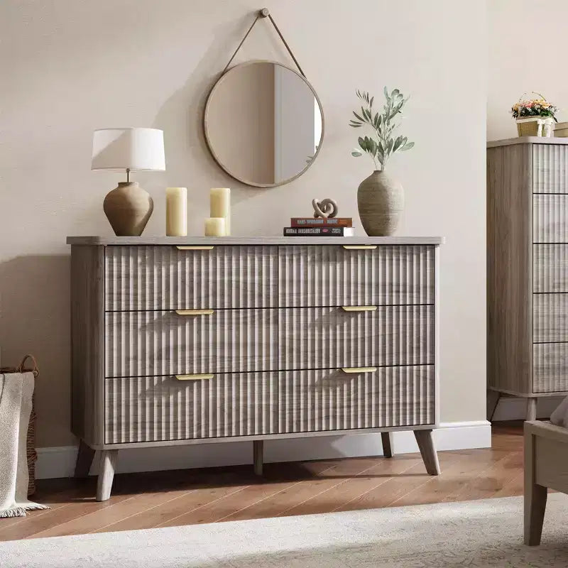 Comò a 6 cassetti con scanalature, cassettiera moderna larga 120 cm con maniglie in metallo, comò con profilo curvo, mobile porta TV, organizer per cassetti in legno per camera da letto