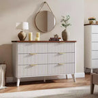 Comò a 6 cassetti con scanalature, cassettiera moderna larga 120 cm con maniglie in metallo, comò con profilo curvo, mobile porta TV, organizer per cassetti in legno per camera da letto