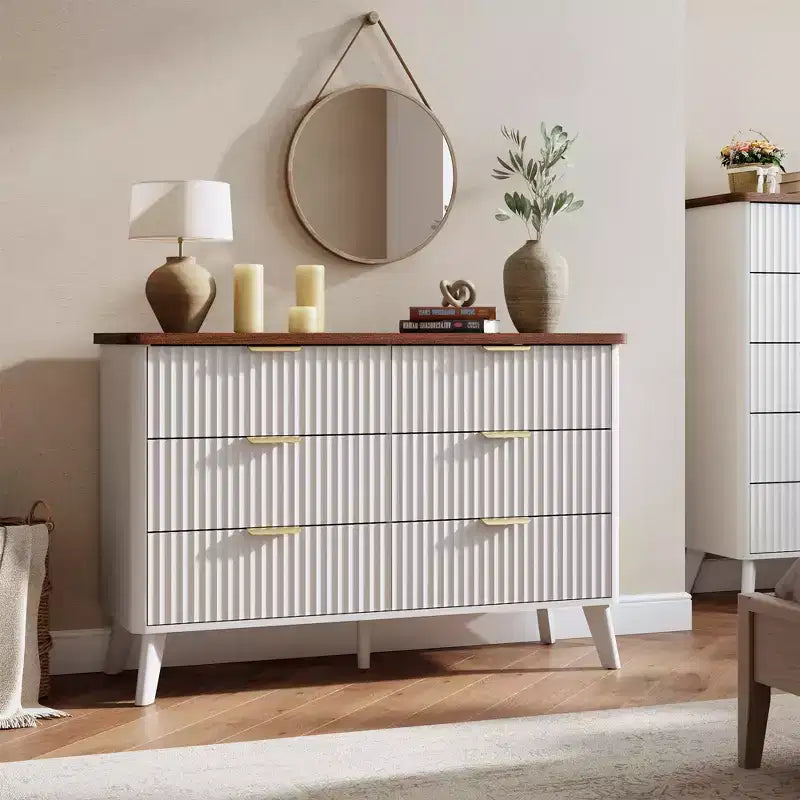 Comò a 6 cassetti con scanalature, cassettiera moderna larga 120 cm con maniglie in metallo, comò con profilo curvo, mobile porta TV, organizer per cassetti in legno per camera da letto