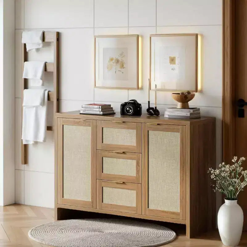 COZONY Modern Rattan Storage Cabinet, 47 Sideboard with Drawers & Doors, Multi-Purpose Home Organizer 3 pcs with 3 boxs shipping