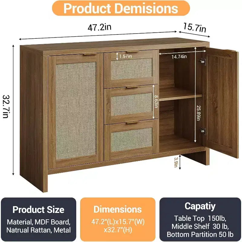 COZONY Credenza Moderna in Rattan, Madia 120 cm con Cassetti e Ante, Organizer Multifunzionale per la Casa 3 pz con 3 colli di spedizione
