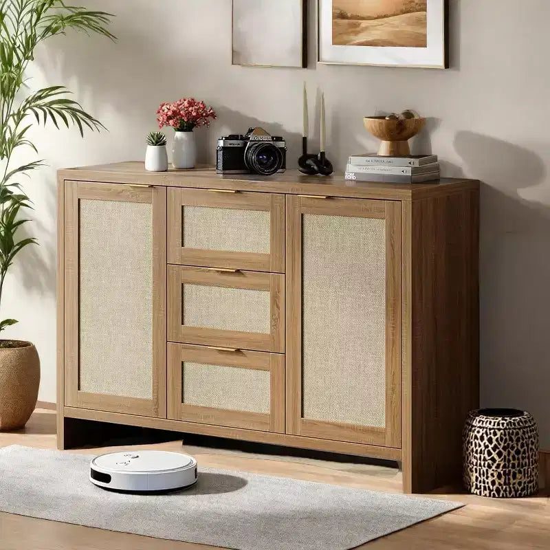 COZONY Credenza Moderna in Rattan, Madia 120 cm con Cassetti e Ante, Organizer Multifunzionale per la Casa 3 pz con 3 colli di spedizione