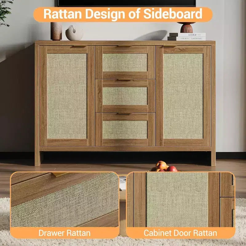 COZONY Credenza Moderna in Rattan, Madia 120 cm con Cassetti e Ante, Organizer Multifunzionale per la Casa 3 pz con 3 colli di spedizione