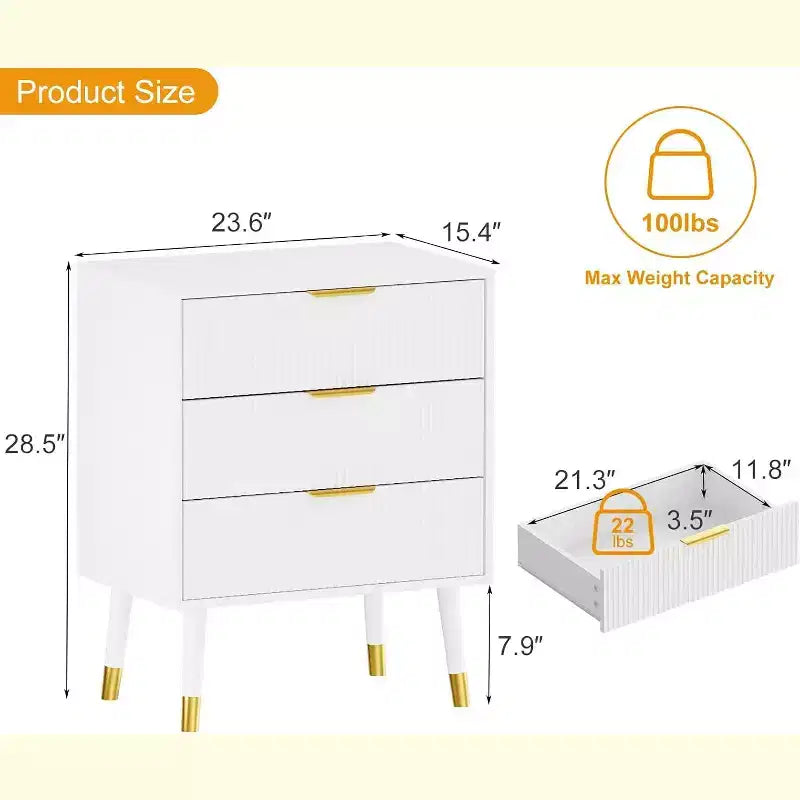 COZONY Cassettiera scanalata a 3 cassetti, Mobile contenitore moderno in legno, Comò da camera da letto con dispositivo antiribaltamento 2 pz con spedizione in 2 scatole