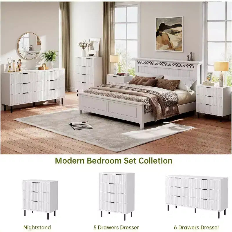 COZONY Cassettiera ondulata scanalata a 3 cassetti, Mobile contenitore moderno in legno con gambe in metallo, Organizzatore cassettiera da camera da letto 2 pezzi con spedizione in 2 scatole
