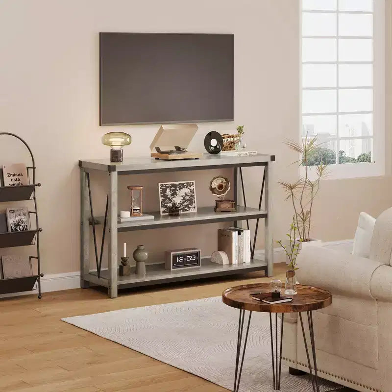 Tavolo Consolle Rustico, Tavolo da Ingresso Stretto Lungo 119 cm con Ripiani, Consolle in Legno a 3 Livelli per Soggiorno, Tavolini Sottili Dietro il Divano