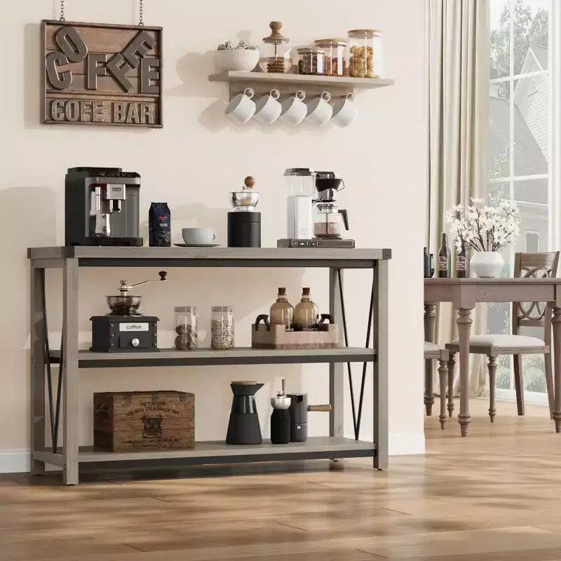 Tavolo Consolle Rustico, Tavolo da Ingresso Stretto Lungo 119 cm con Ripiani, Consolle in Legno a 3 Livelli per Soggiorno, Tavolini Sottili Dietro il Divano