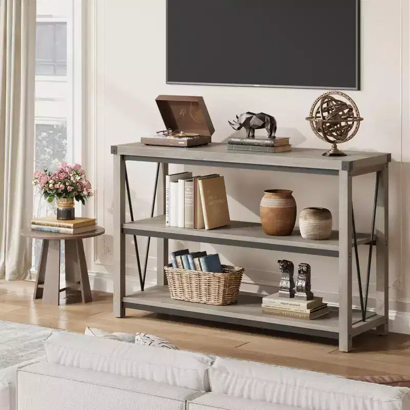 Tavolo Consolle Rustico, Tavolo da Ingresso Stretto Lungo 119 cm con Ripiani, Consolle in Legno a 3 Livelli per Soggiorno, Tavolini Sottili Dietro il Divano
