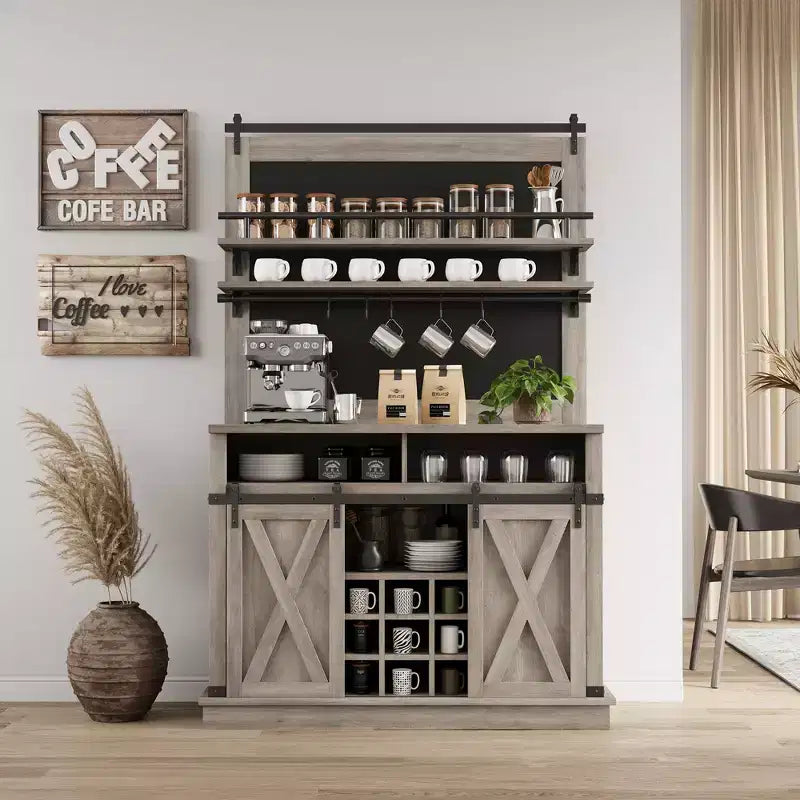 Mobile bar con spazio contenitore, credenza alta da caffè, dispensa grande da cucina con ante scorrevoli