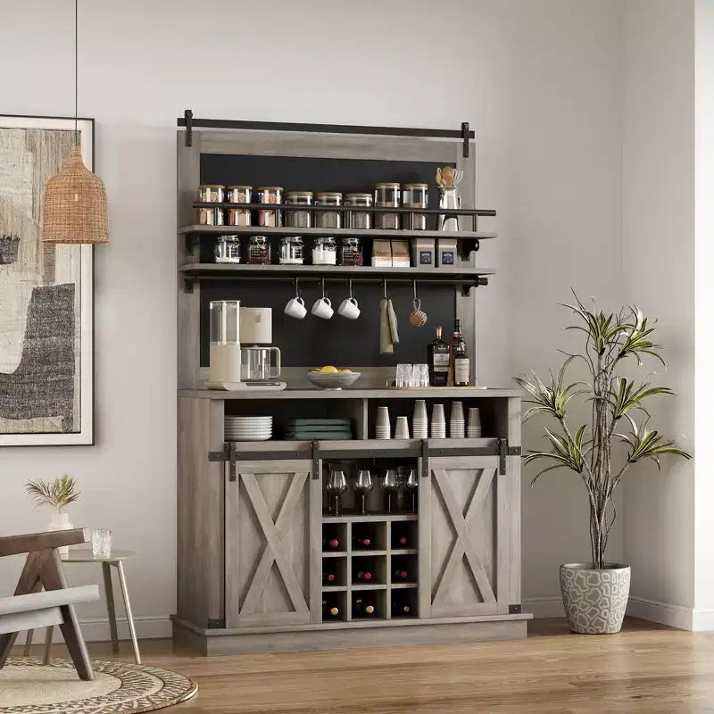 Mobile bar con spazio contenitore, credenza alta da caffè, dispensa grande da cucina con ante scorrevoli