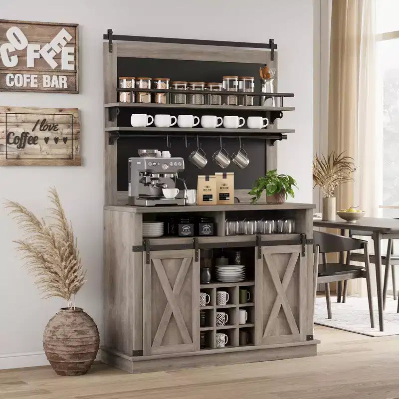 Mobile bar con spazio contenitore, credenza alta da caffè, dispensa grande da cucina con ante scorrevoli