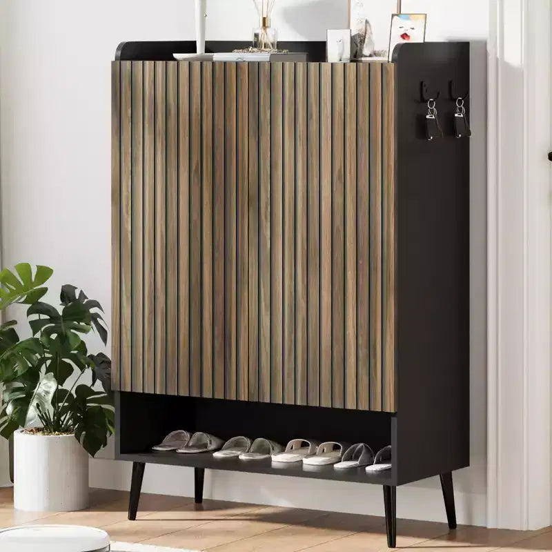 TruAIR Black 6-Tier Shoe Cabinet with 2 Doors - Large Entryway & Living Room Shoe Organizer with Hooks