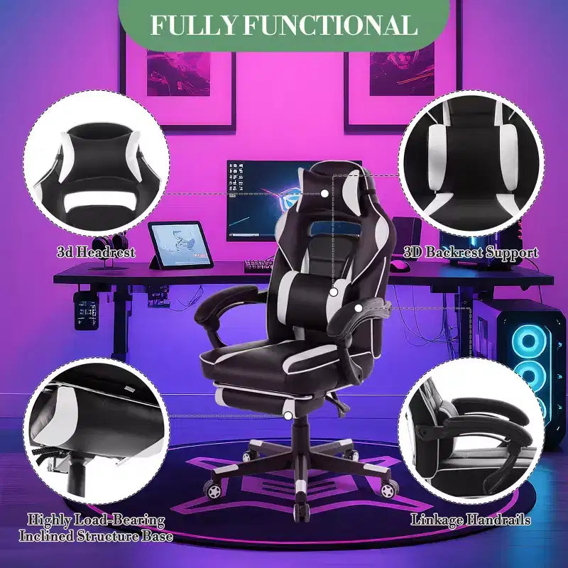 Sedia da gaming, Sedia da gaming con poggiapiedi e supporto lombare massaggiante, Design ergonomico, Poltrona reclinabile in pelle PU con schienale alto e poggiatesta, Rotazione a 360°
