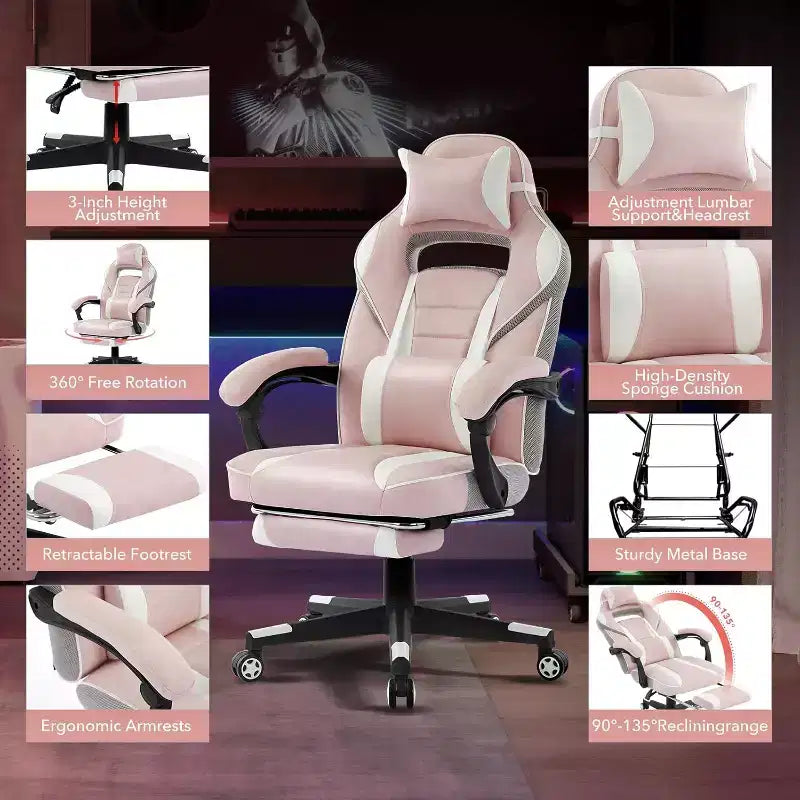 Sedia da gaming, Sedia da gaming con poggiapiedi e supporto lombare massaggiante, Design ergonomico, Poltrona reclinabile in pelle PU con schienale alto e poggiatesta, Rotazione a 360°