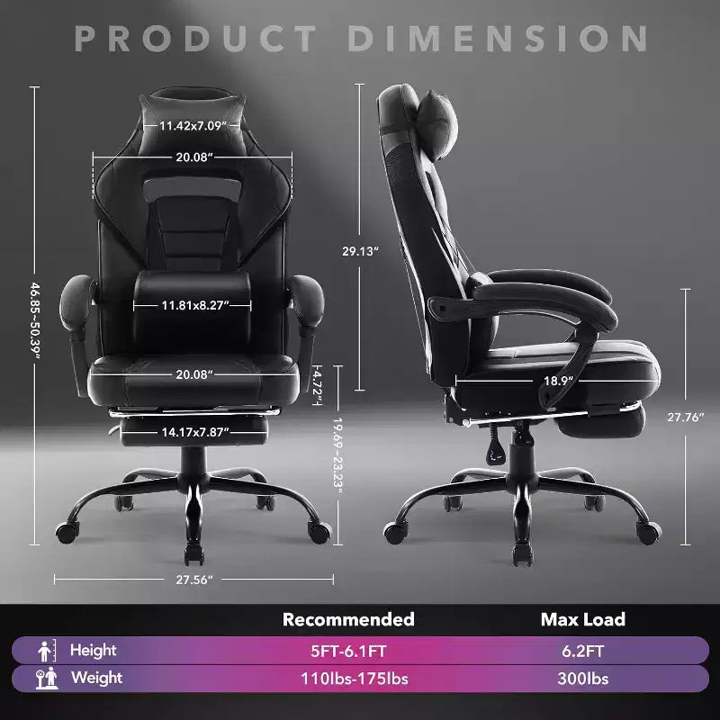 Sedia da gaming, Sedia da gaming con poggiapiedi e supporto lombare massaggiante, Design ergonomico, Poltrona reclinabile in pelle PU con schienale alto e poggiatesta, Rotazione a 360°